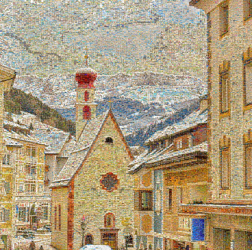 Ortisei photomosaic serene magic Ladin village blanketed winter quiet embrace with snowy landscape alpine architecture. Dolomites Val Gardena South Tyrol Italian heritage traditional culture scenic beauty tranquility.