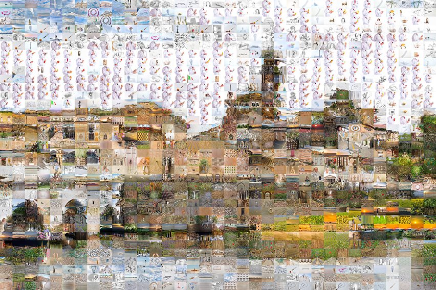  Photomosaic of Rimini composed of 1,225 unique Italian photographs capturing vibrant spirit of Italy premier Adriatic Riviera destination. 