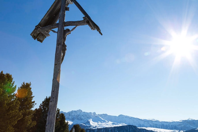 Jesus Cross Dolomites Mountain Snow Photography! Wood carved statue Crucifixion Jesus Christ top Dolomites Alps capturing crucifix snow mountain winter italy faith religious sacred scenic peak.
