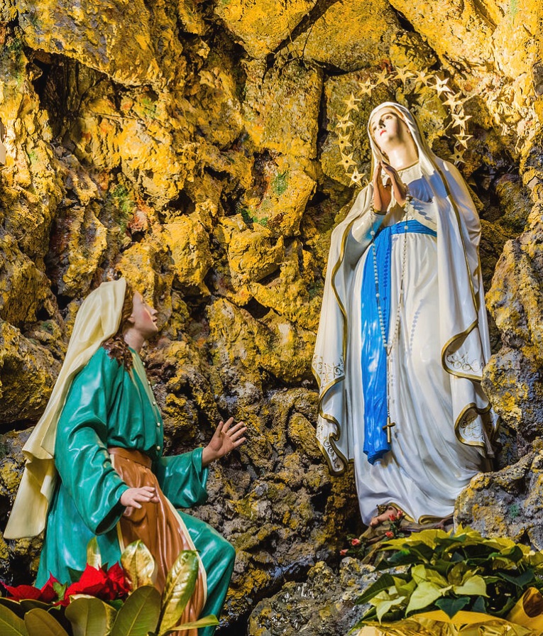 Lourdes Grotto Mary Apparition Statue Photography! Representation apparitions Blessed Virgin Mary grotto Lourdes immaculate conception capturing Bernadette cave catholic holy miracle prayer devotion religious sacred.