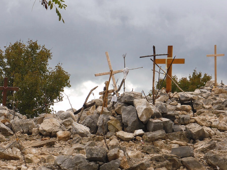 Medjugorje Mount Krizevac Crosses Catholic Pilgrimage Bosnia Mountain! Crosses on Mount Krizevac mountain in Medjugorje Bosnia and Herzegovina marking stations along pilgrimage path.