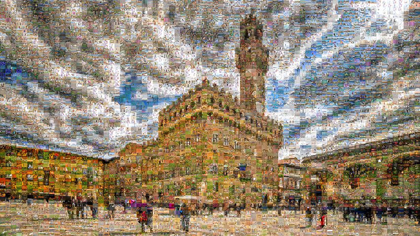 Photomosaic Palazzo Vecchio heart of Florence symbol power art history with Renaissance medieval tower Piazza della Signoria.