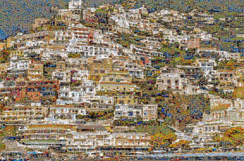 Breathtaking photomosaic Positano capturing vertical beauty iconic Amalfi Coast town with colorful houses hillside cascading Mediterranean sea. Campania seaside coastal scenic architecture tourism landmark heritage.