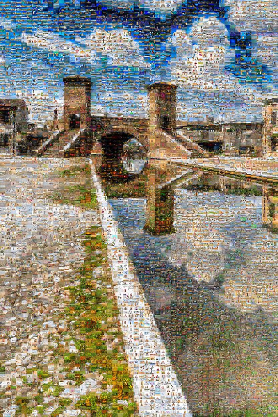 Photomosaic 6,084 Italian images transforming Comacchio iconic Trepponti five-arched bridge built 1634 gateway historic center architectural harmony weathered brickwork canal reflections historic facades everyday Italian life terracotta tones stonework. 