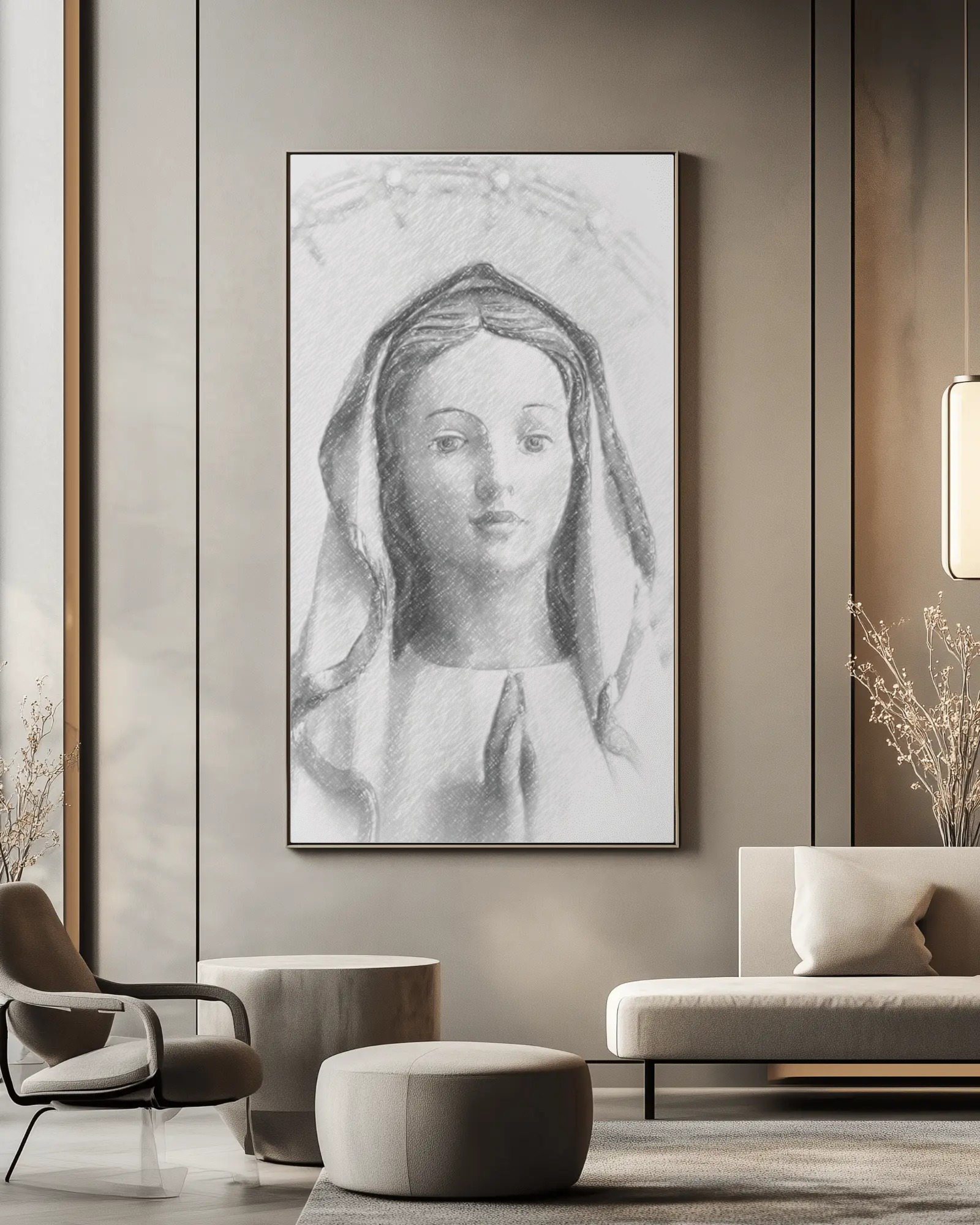 Pencil portrait of the Blessed Virgin Mary, Marian wall art