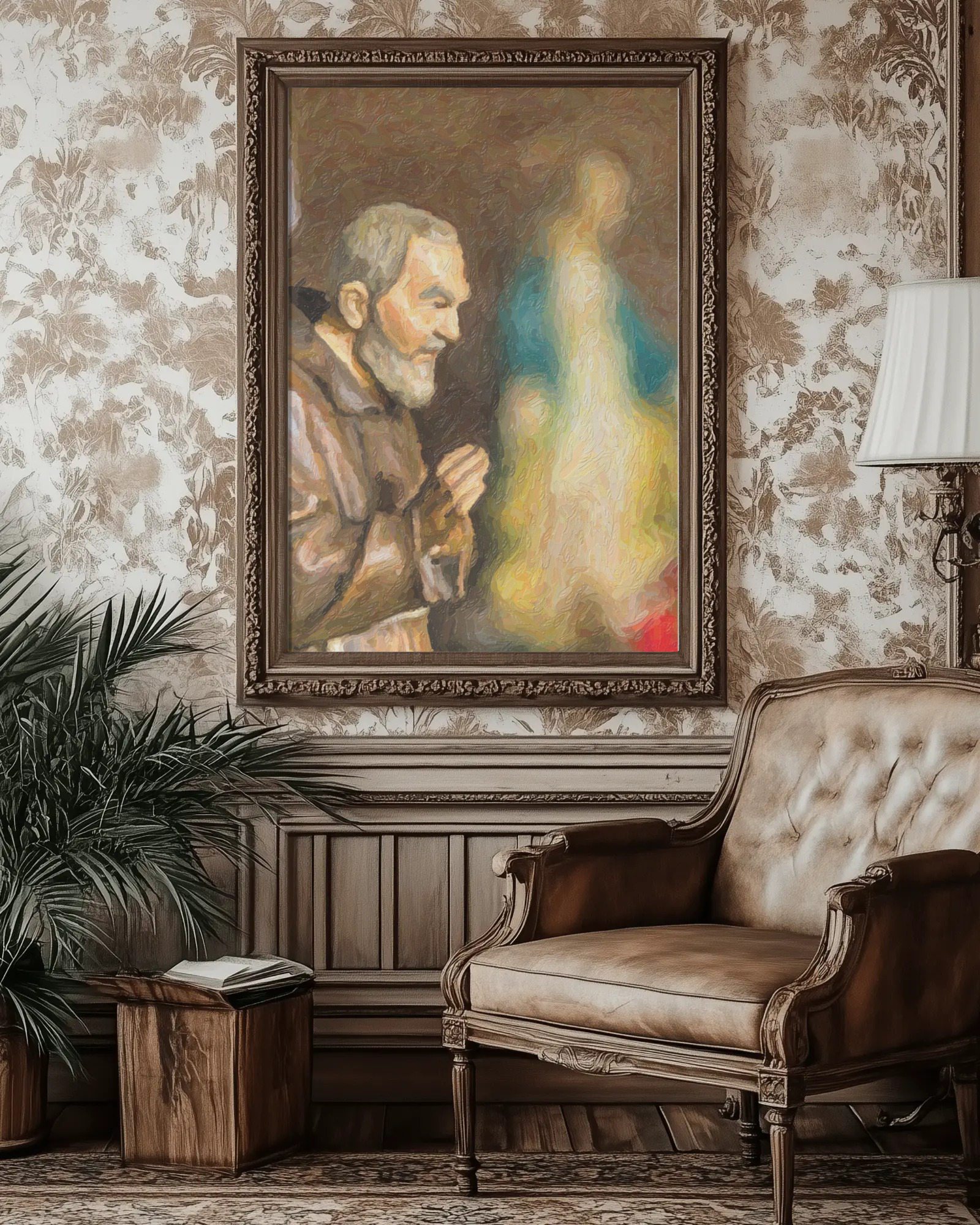 Saint Padre Pio in blessing with the Virgin Mary, Catholic church art