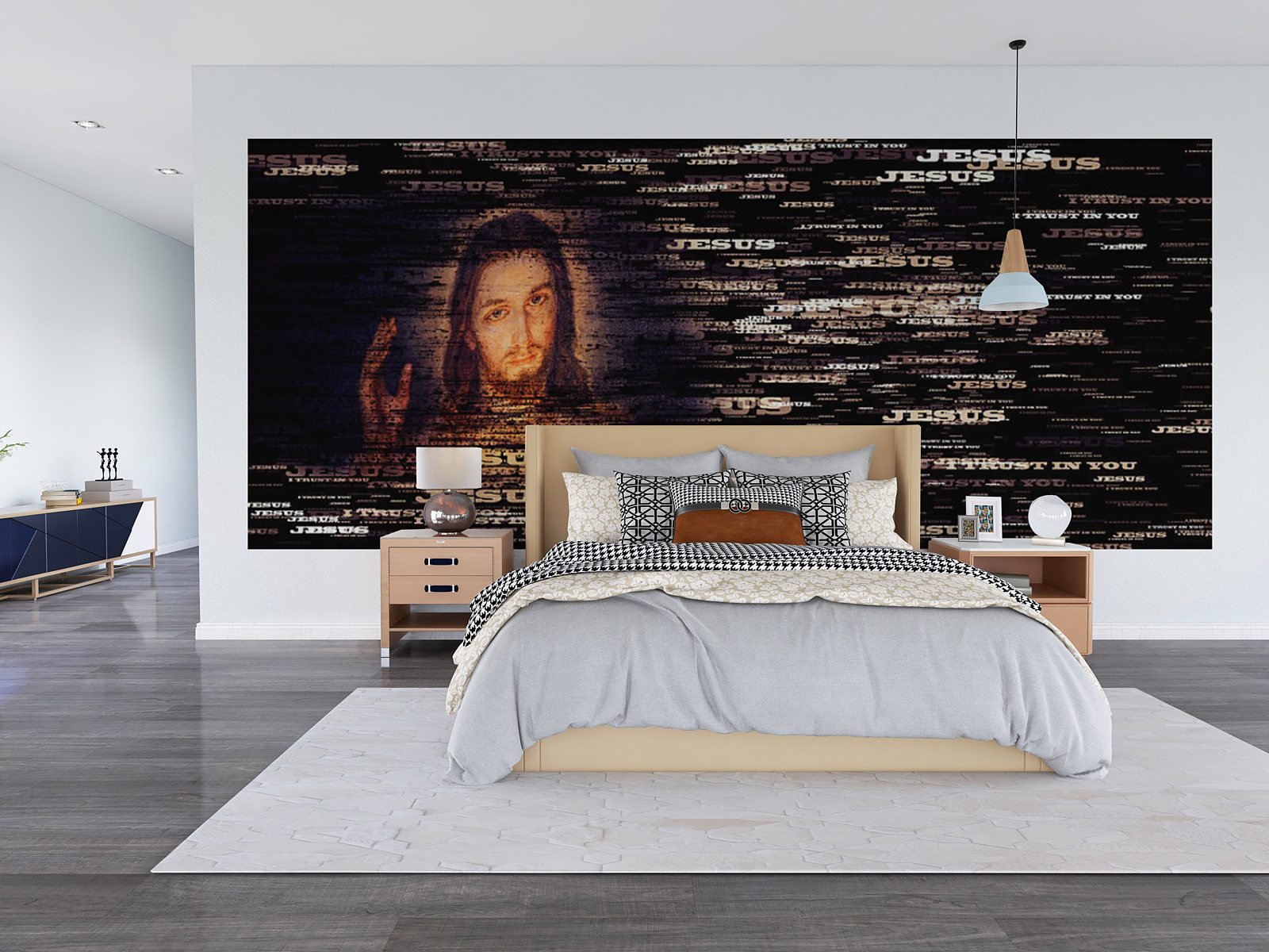 The Divine Mercy image of Jesus formed from the words Jesus I trust in you, Catholic devotional art