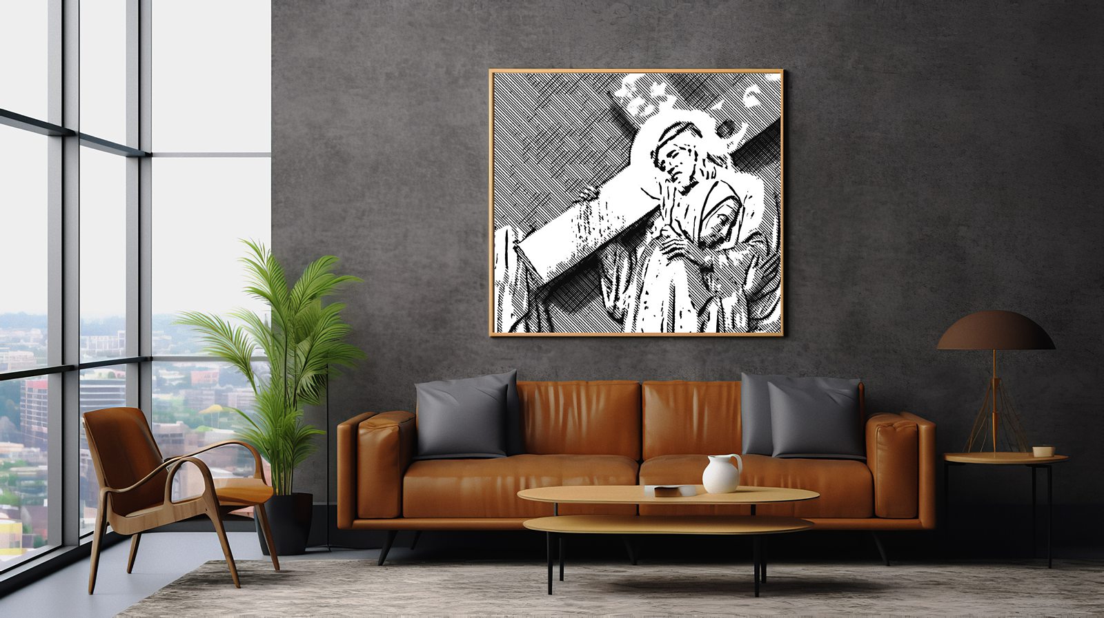 Christ carrying the cross and meeting his mother Mary, a pencil-sketch finish for Easter
