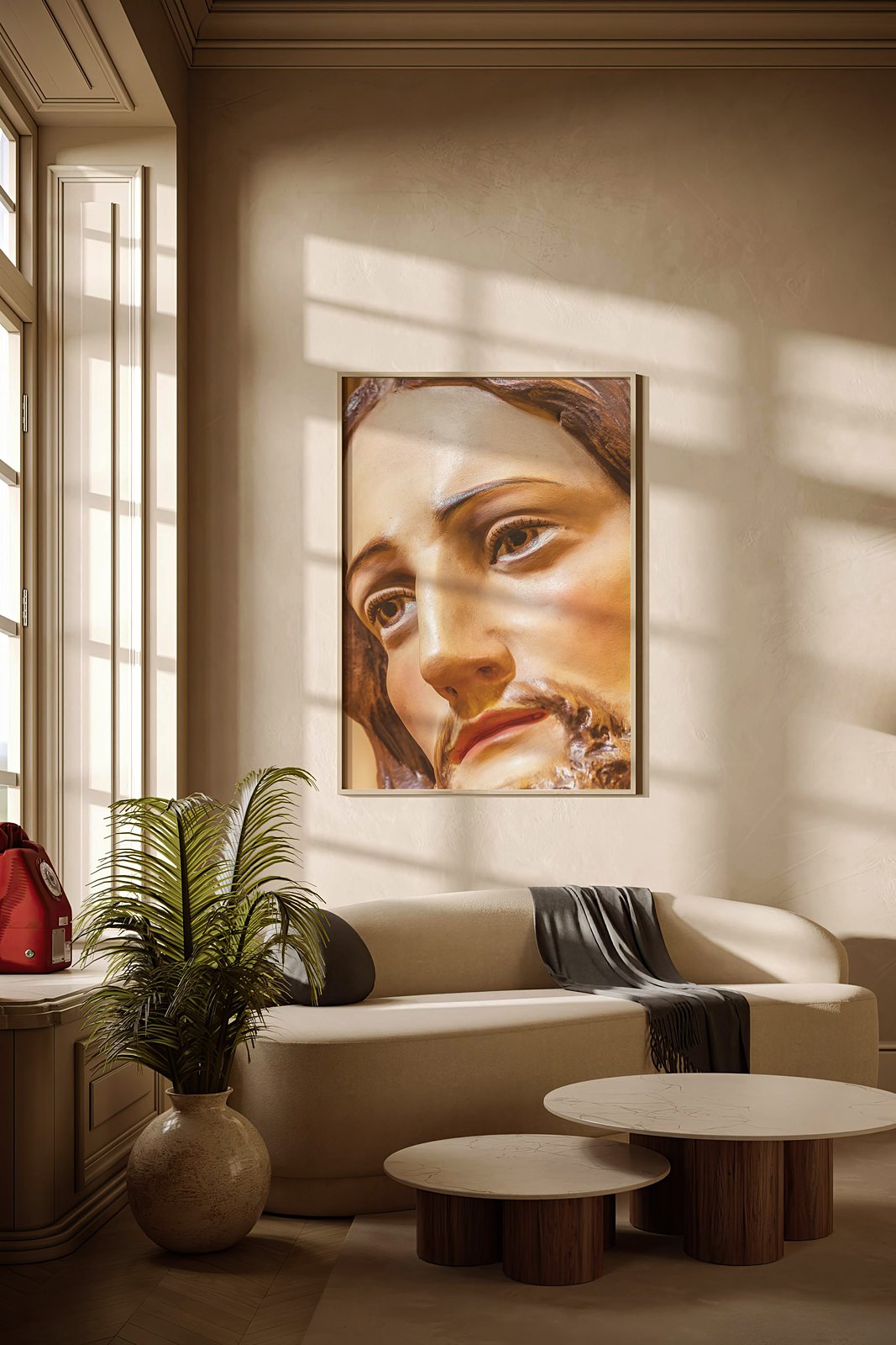 A close portrait of the face of Christ, serene and sorrowful, Catholic devotional print