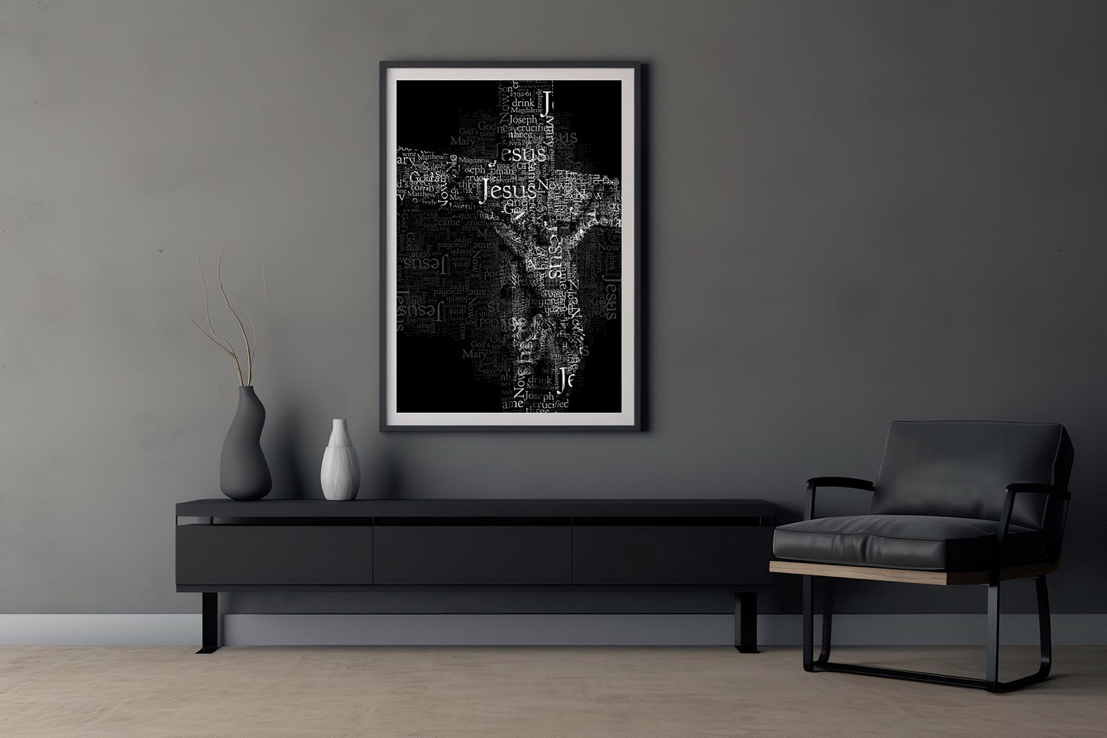 The crucifix formed from the Passion text in the Gospel of Matthew, Catholic scripture art