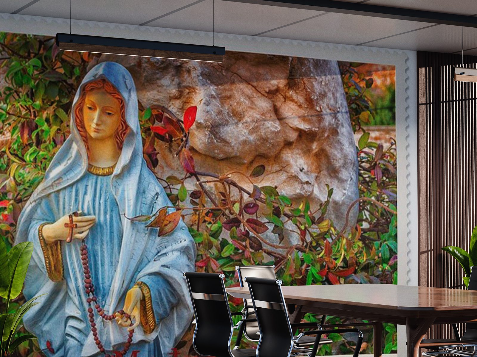 Stamp-style image of the Virgin Mary statue holding a rosary at Medjugorje